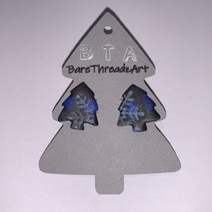 Handmade Blue Plaid Christmas Tree with Snowflake Earrings